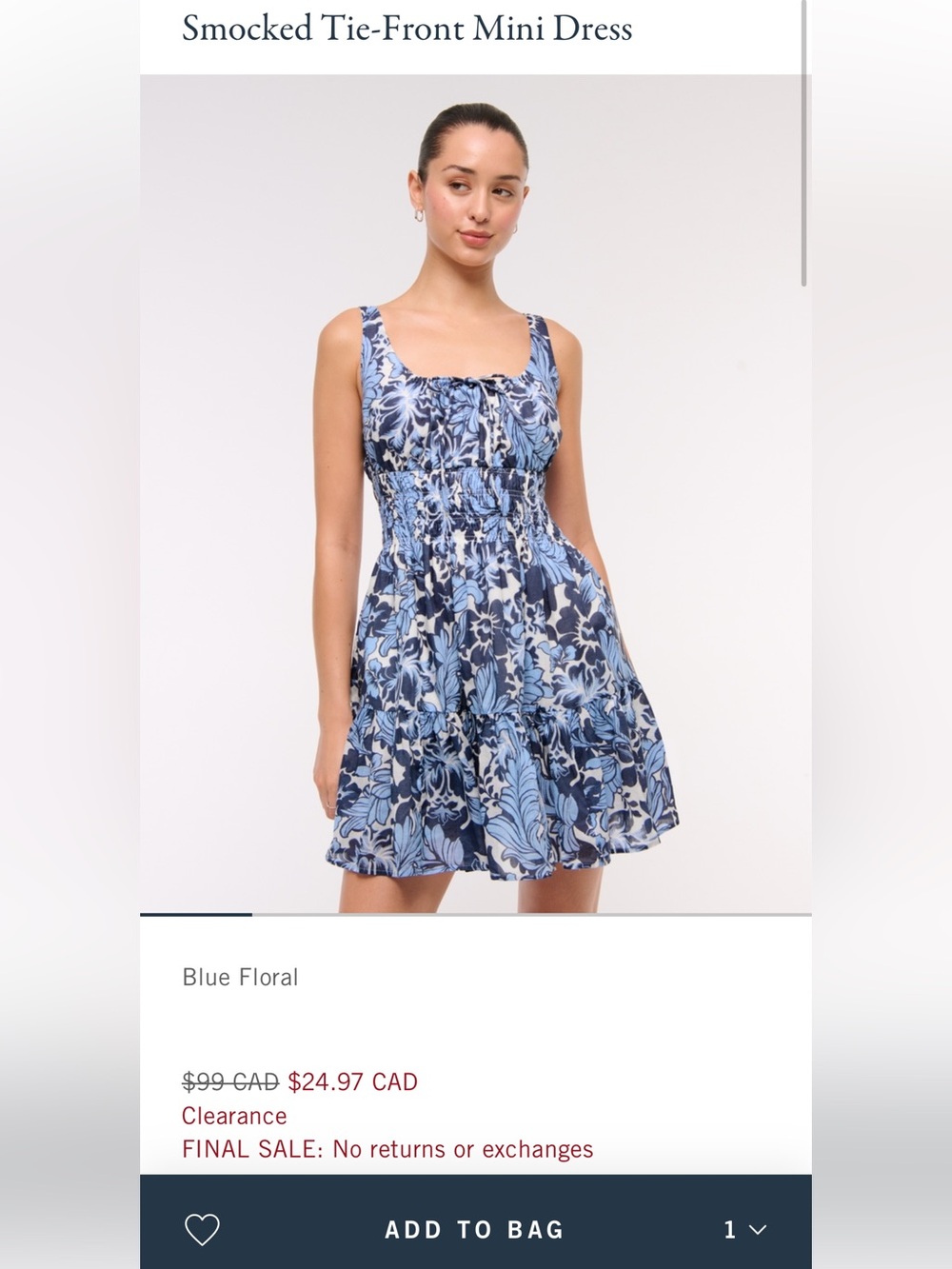 Abercrombie Blue Floral Smocked Tie-Front Mini Dress